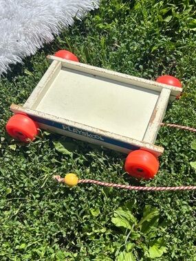 Vintage Playskool Pull Along Wooden Wagon with Red Wheels (No Original Blocks)